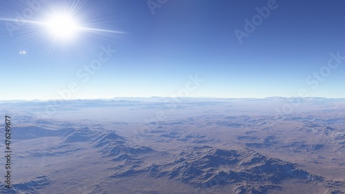 realistic surface of an alien planet, view from the surface of an exo-planet, canyons on an alien planet, stone planet, desert planet 3d render