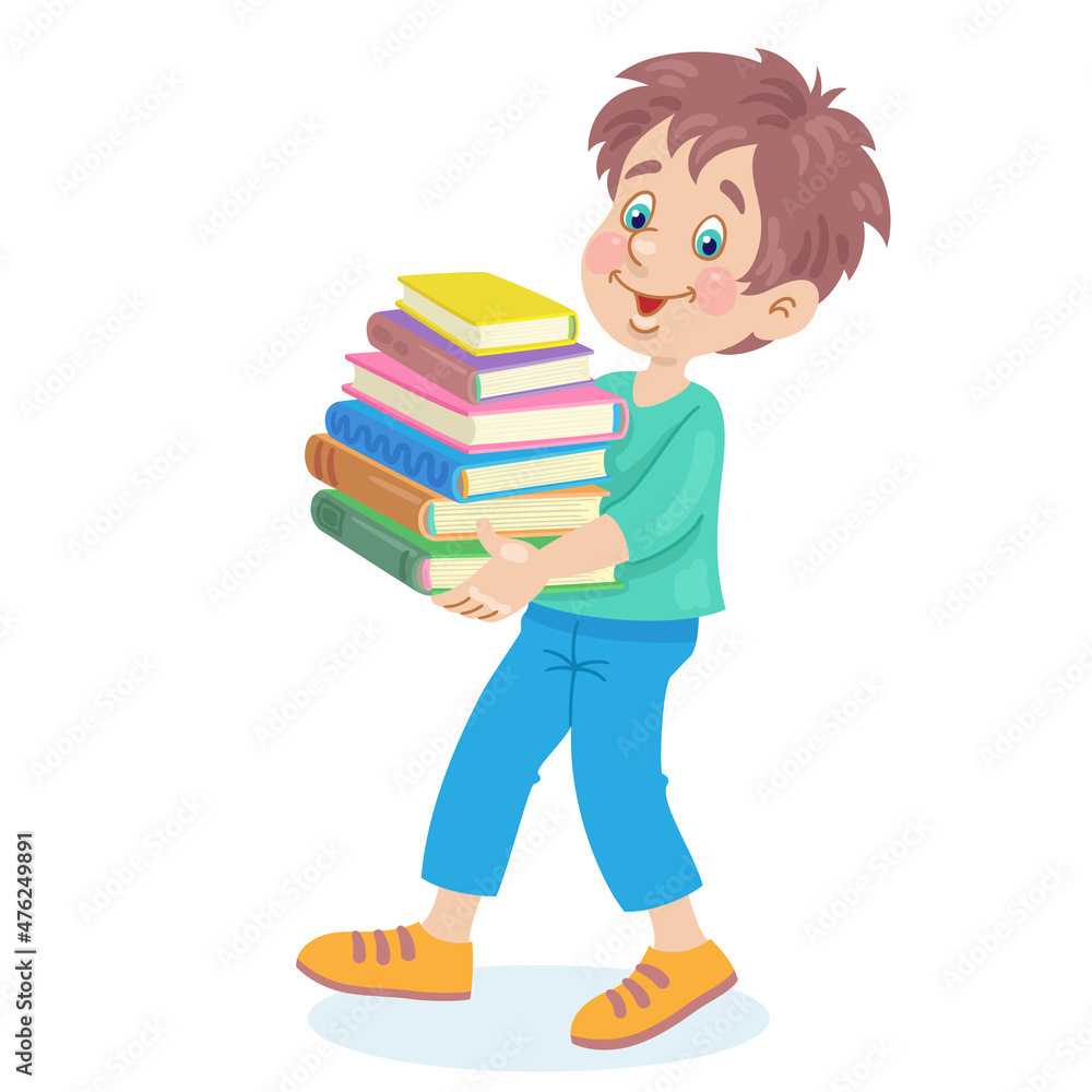 Funny boy goes with a big stack of books. In cartoon style. Isolated on white background. Vector flat illustration