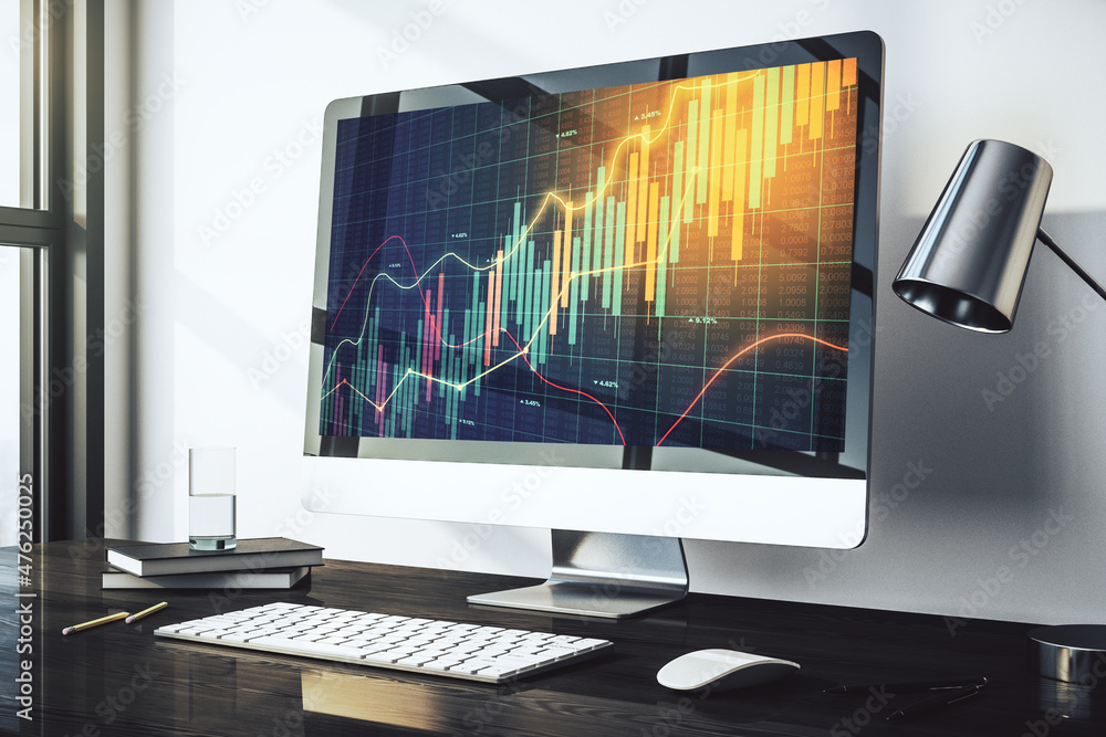 Modern computer display with abstract financial graph, financial and trading concept. 3D Rendering Modern computer display with abstract financial graph, financial and trading concept. 3D Rendering