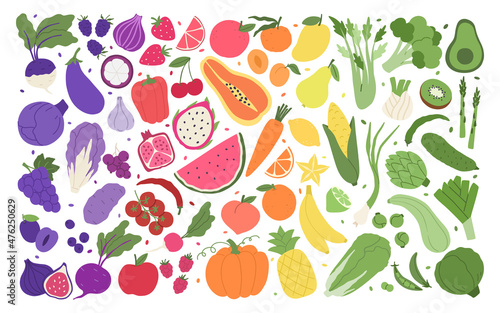 Fototapeta Naklejka Na Ścianę i Meble -  Fruit and veggies rainbow. Set of illustrations with vegetables; fruits and berries