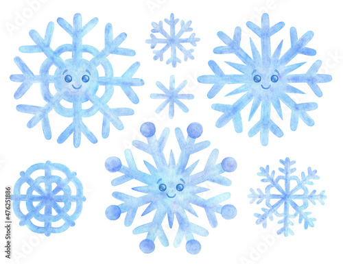 A blue snowflake with cute eyes. Watercolor illustration of a snowy flake. Hand drawn drawing isolated on a white background. Winter cartoon character, set of illustrations for sticker, design, print