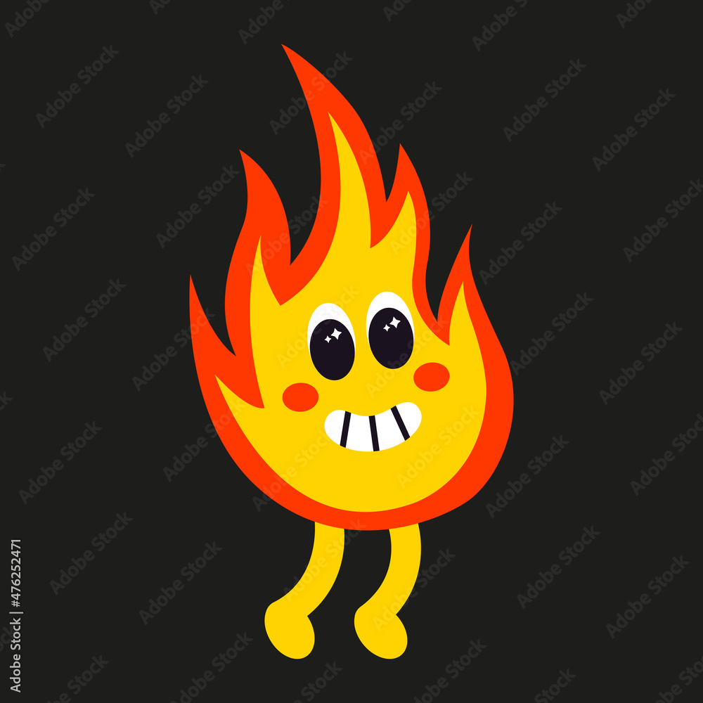 Vector illustration of abstract funny fire character. Contemporary comic doodle face smiling. Psychedelic retro element of flame for print, poster, card, collage design