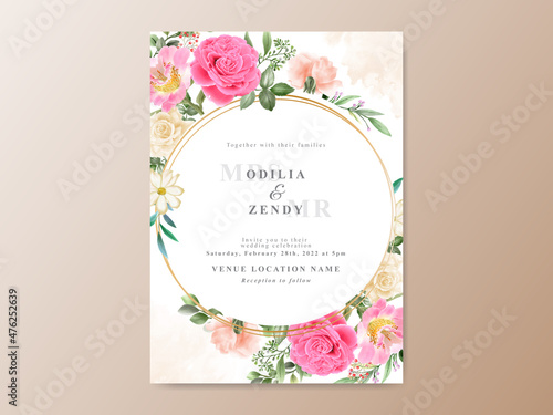 Beautiful pink and yellow flowers wedding invitation card
