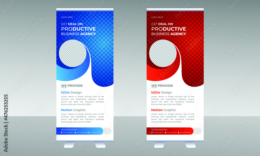 Professional Roll-up banner template, Vertical roll-up template, banner stand, or flag design layout. Abstract modern stand banner template design. Abstract, vertical, Red, and blue banner design.