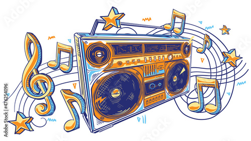 Colorful drawn boom box tape recorder with musical notes 