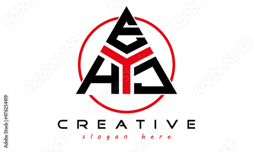 triangle badge with circle HEJ letter  logo design vector, business logo, icon shape logo, stylish logo template