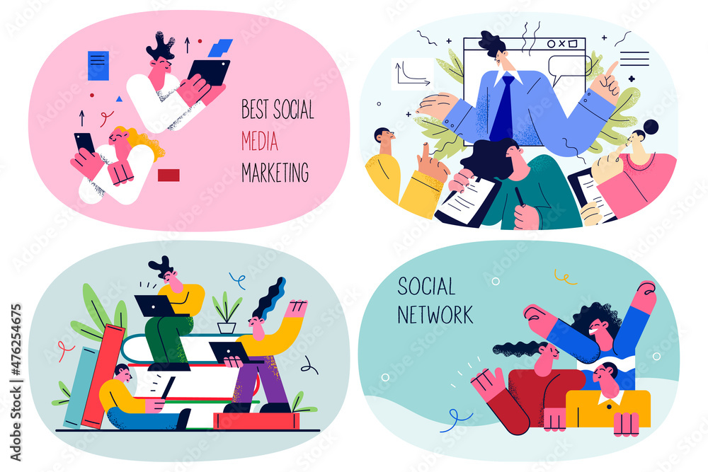 Naklejka premium Set of happy people use gadgets learning marketing