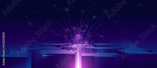 Holographic neon tree. Futuristic technology background