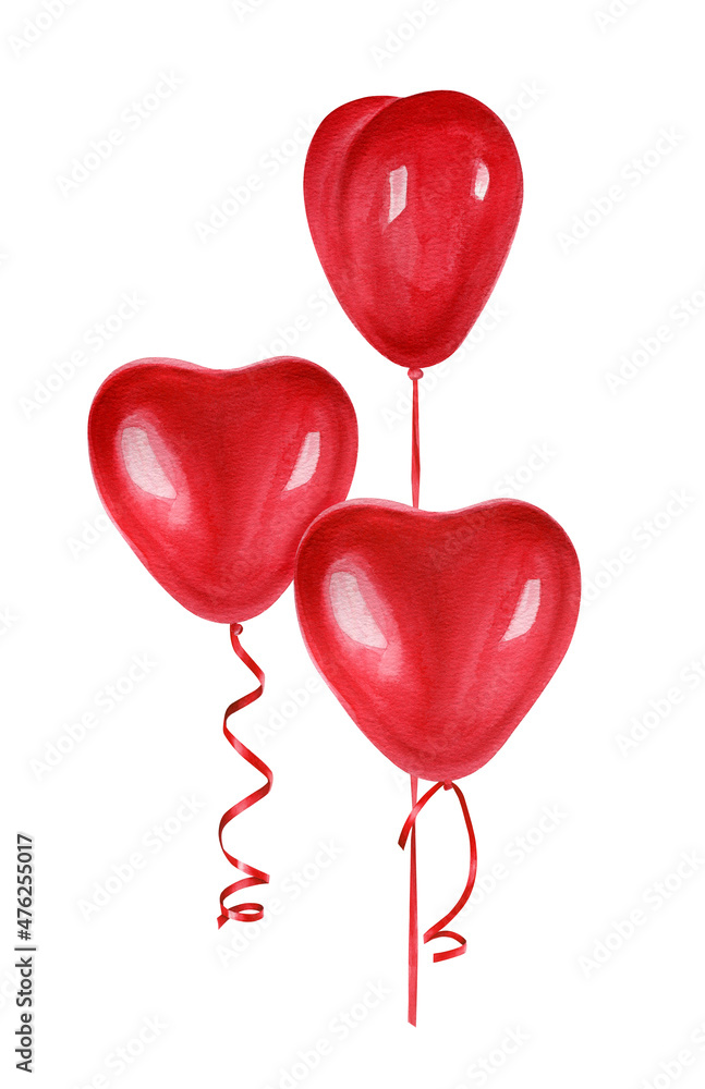 Watercolor illustration of red heart shaped balloons. Watercolor illustration of red heart shaped balloons.