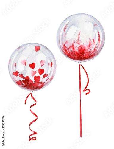 Balloons with a red feather and hearts inside. Hand-drawn watercolor illustration