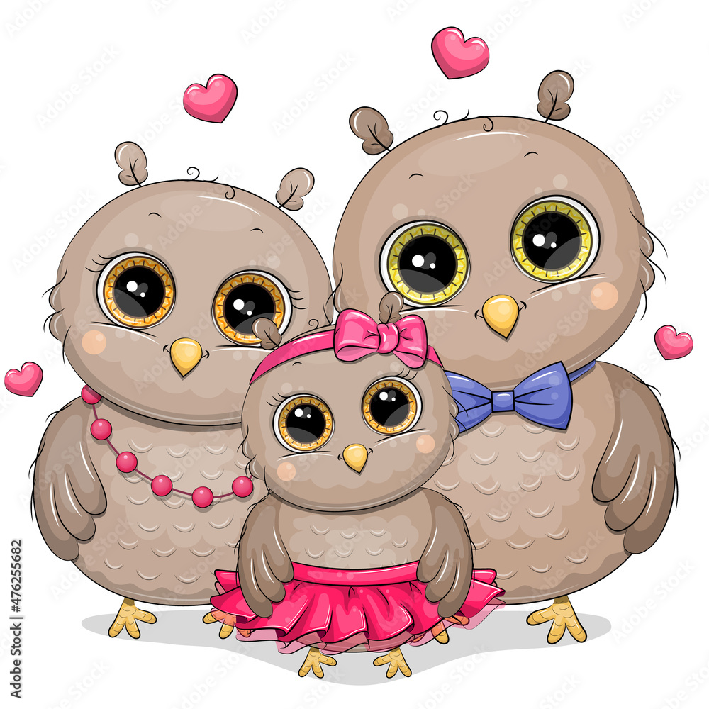 Cute cartoon owl family with father mother and baby girl. Vector illustration on a white background with hearts. Stock Vector | Adobe Stock Cute cartoon owl family with father mother and baby girl. Vector illustration on a white background with hearts. Stock Vector | Adobe Stock
