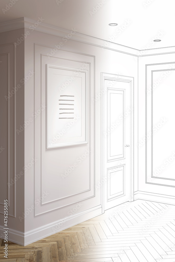 A sketch becomes a real light modern classic hall with a vertical poster near the door, moldings on light beige walls, built-in spotlights, parquet flooring. Front view. 3d render A sketch becomes a real light modern classic hall with a vertical poster near the door, moldings on light beige walls, built-in spotlights, parquet flooring. Front view. 3d render