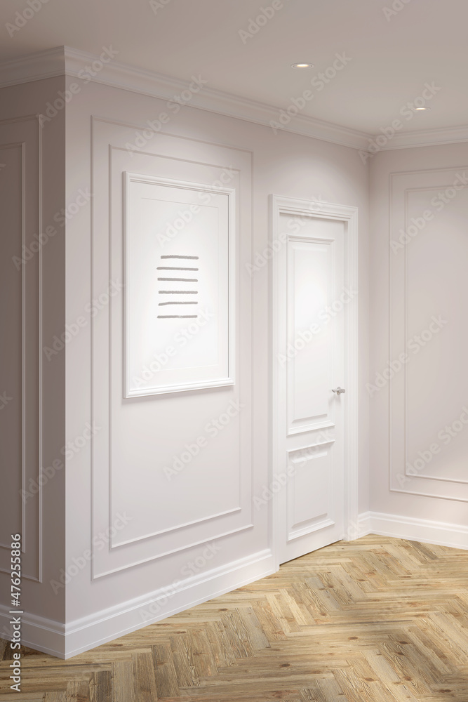 Fototapeta premium Light modern classic hall with a vertical poster near the door, moldings on light beige walls, built-in spotlights, parquet flooring. 3d render