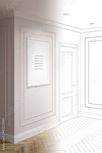 A sketch becomes a real light modern classic hall with a vertical poster near the door, moldings on light beige walls, built-in spotlights, parquet flooring. Front view. 3d render