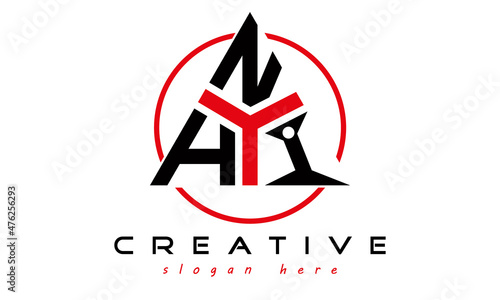 triangle badge with circle HNI letter  logo design vector, business logo, icon shape logo, stylish logo template