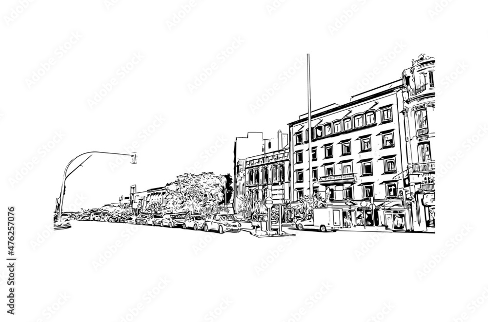 Obraz premium Building view with landmark of Las Palmas is the city in Spain. Hand drawn sketch illustration in vector.