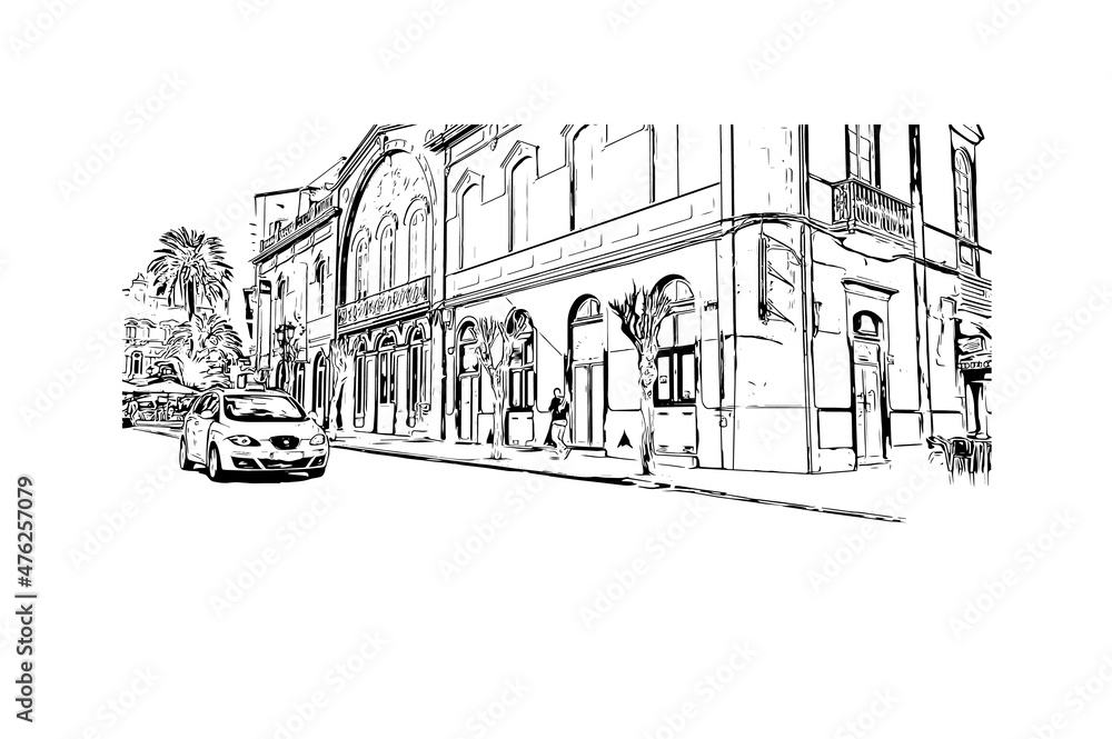 Obraz premium Building view with landmark of Las Palmas is the city in Spain. Hand drawn sketch illustration in vector.