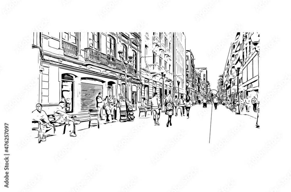 Building view with landmark of Las Palmas is the 
city in Spain. Hand drawn sketch illustration in vector.