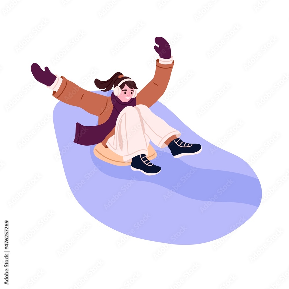 Person sliding down hill on sleds. Happy child on sledges on winter