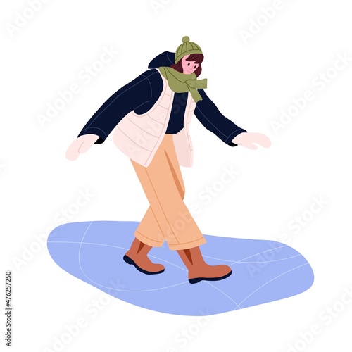 Person walking on slippery ice in winter. Woman going, slipping and sliding, stepping carefully. Happy female at wintertime leisure. Flat vector illustration isolated on white background