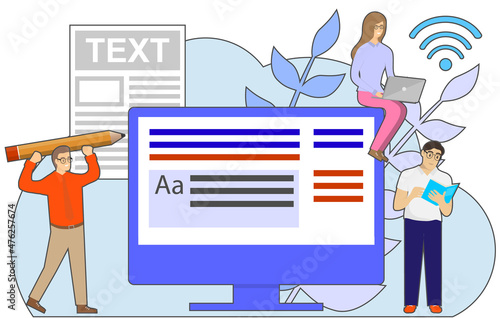 Remote work, blogging, freelancing, a group of people of mini characters work remotely, write articles, make money on the Internet. Vector illustration.