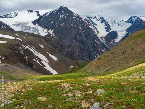 Green mountain slope, a view of a deep mountain valley with stunning snow peaks in the background.