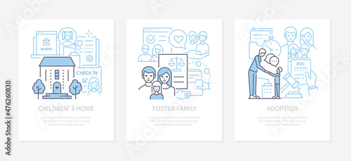 Foster family and adoption - modern line design style banners set