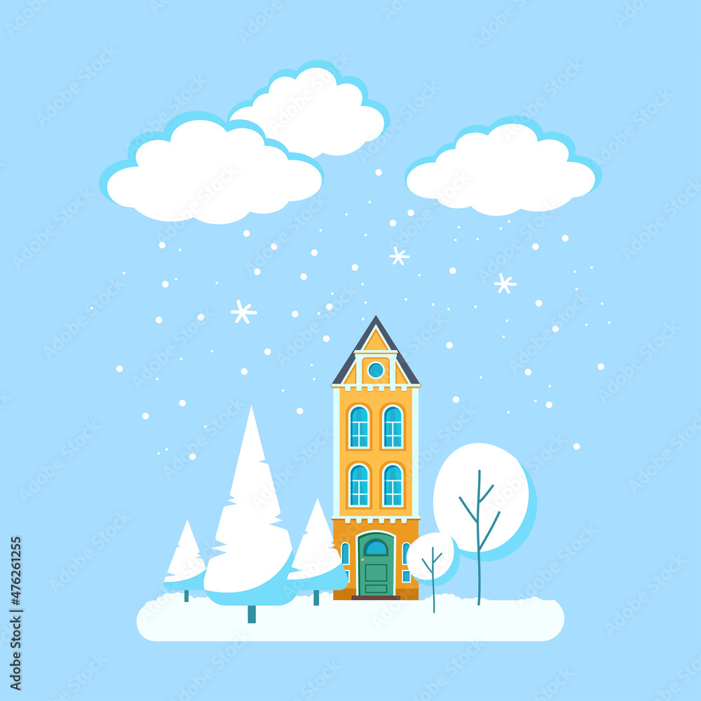 Vector house on the background of a winter landscape. Cute city house, with trees, snowy clouds and snowflakes. Children's illustration in flat style.