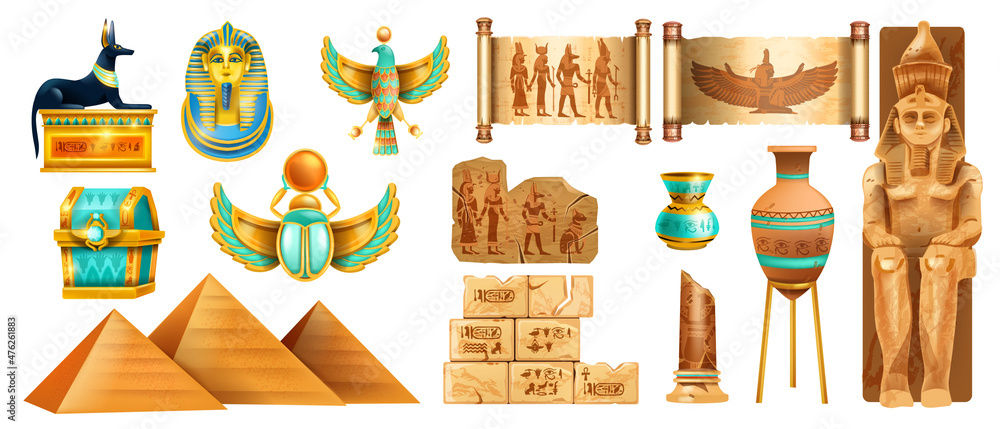 Egypt ancient stone vector set, archaeology Egyptian treasure, golden scarab, pharaoh mask, pyramid. Africa tourism travel culture object, historical papyrus scroll, tomb ruin wall. Egypt stone Anubis - obrazy, fototapety, plakaty 