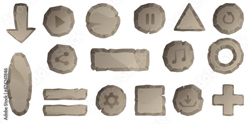 Vector stone design elements for game and web. Stone arrows and signs set. Rectangle boards and panels, rubble rock pointers, medical cross, plank tablets.