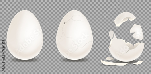 Cracked egg. Cartoon 3d realistic chicken broken eggs with cracks and smithers. Shell with cracks. Isolated on a transparent background. Stock vector template.