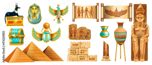 Fotografie, Obraz Egypt ancient stone vector set, archaeology Egyptian treasure, golden scarab, pharaoh mask, pyramid
