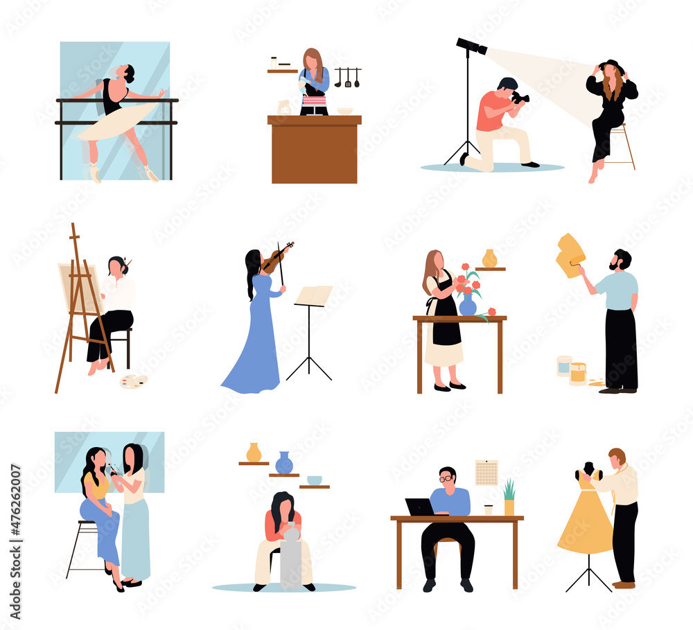 Collection of male and female art, handicraft and creative workers or professionals. Creative occupation set. Designer and artist at work, dancer Collection of male and female art, handicraft and creative workers or professionals. Creative occupation set. Designer and artist at work, dancer