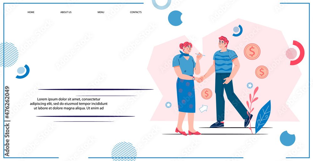 Business cooperation agreement or deal conclusion website banner template. Web page interface with business people concluding deal or contract with handshake, flat vector illustration. Business cooperation agreement or deal conclusion website banner template. Web page interface with business people concluding deal or contract with handshake, flat vector illustration.
