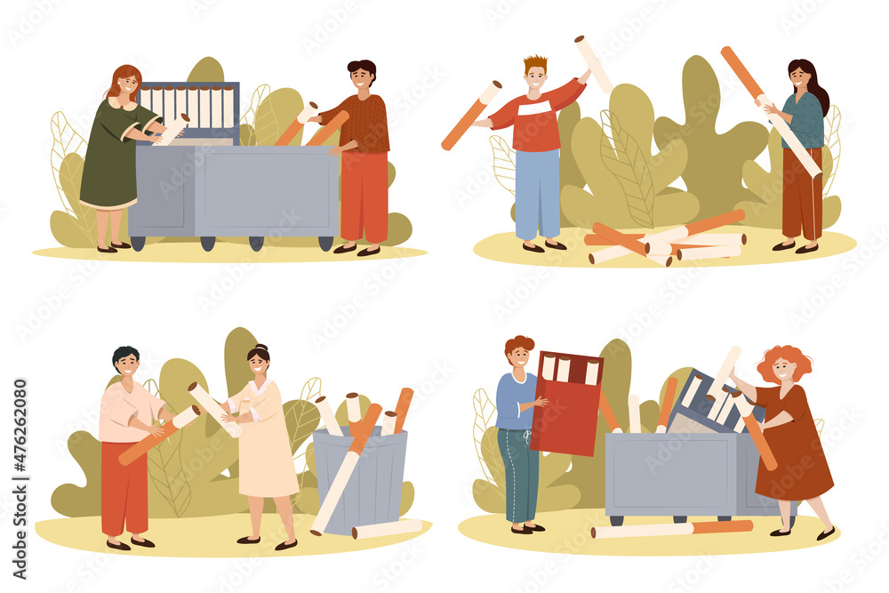 Obraz premium Smokers quitting smoke cigarettes, refusing from tobacco, rejecting from unhealthy bad habit. People Cutting Cigarette on Pieces, Male Smokers Team Fighting with Addiction Illustration