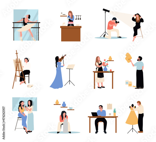 Collection of male and female art, handicraft and creative workers or professionals. Creative occupation set. Designer and artist at work, dancer