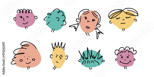 Abstract scrabble funny faces front, top, side views. Hand drawn blob shape heads set
