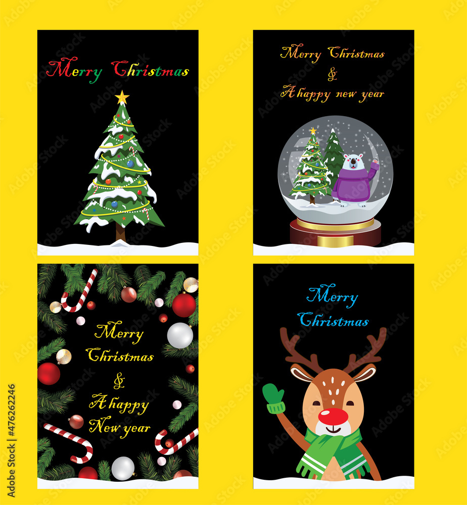 Fototapeta premium Traditional Corporate Holiday cards with Christmas tree, reindeers, snowglobe, ornate floral frames, background and copy space. Universal artistic templates.