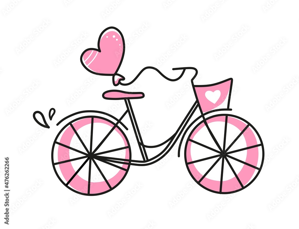 Vector element bike for Valentines Day. Hand-drawn love symbols in a linear style. Isolated on a white background.