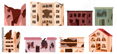 Abandoned houses set. Ruined abandoned houses set, old buildings, broken dilapidated dwelling, supermarket real estate
