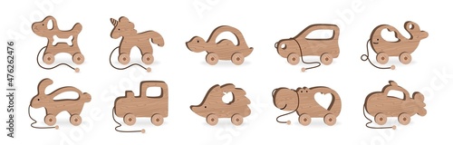 Children's toys for Children's Games and Entertainment set Wooden Hedgehog machine Hippo Whale Submarine Turtle Vector Illustration