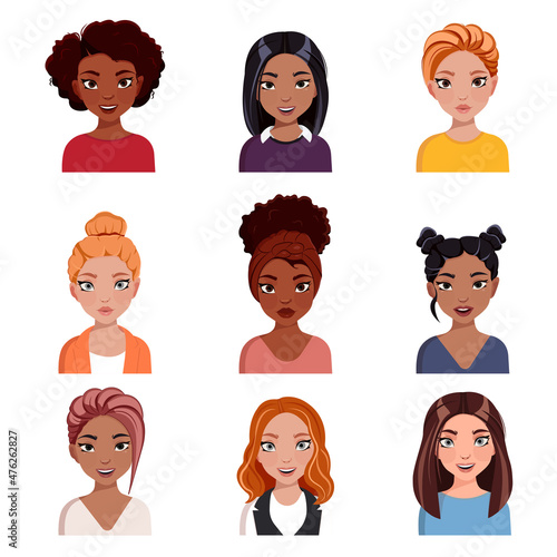 happy business woman avatar set. Different ethnic women characters collection. Isolated vector illustration pack