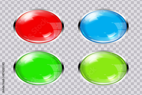 A set of beautiful oval transparent glass multicolored buttons with a metal frame. Vector 3D illustration