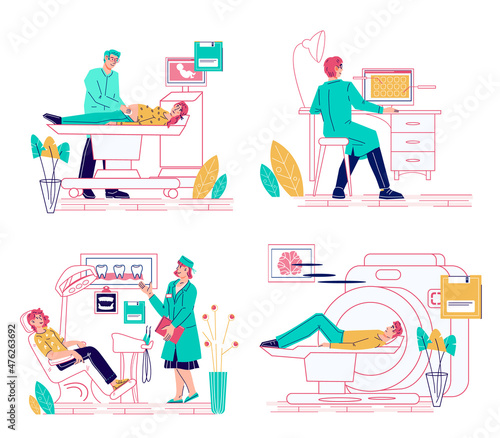 Medical exam and diagnostic with X-ray and MRI equipment. Doctors examining patients with X-ray and computed tomography, MRI and ultrasound apparatus, flat vector illustration isolated on background.