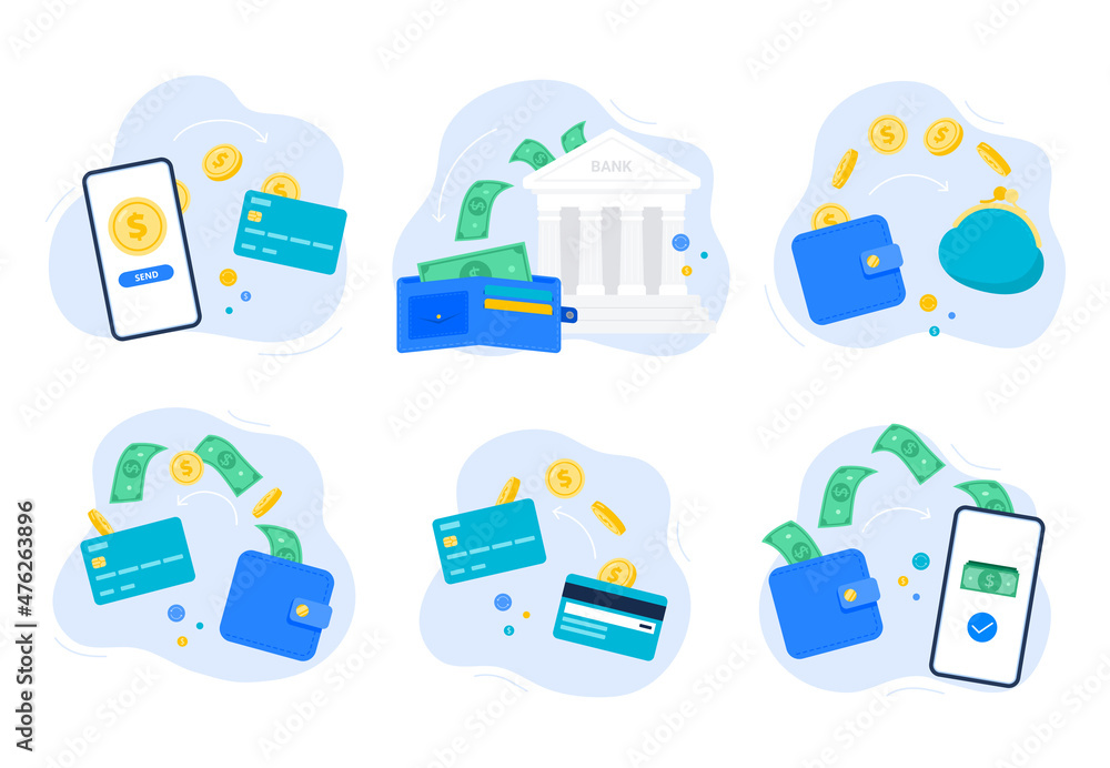Set of finance concepts with money transfers. Sending out money to a card, to a banking account, or an electronic wallet. Finance transactions and payments. Vector flat illustrations. - obrazy, fototapety, plakaty 