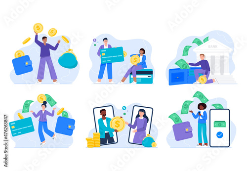 Set of different types of money transfers. People send out money to a card, to a banking account, or an electronic wallet. Finance transactions and payments concepts. Vector flat illustrations.