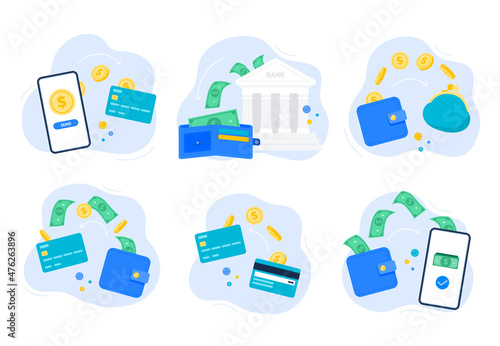 Set of finance concepts with money transfers. Sending out money to a card, to a banking account, or an electronic wallet. Finance transactions and payments. Vector flat illustrations.