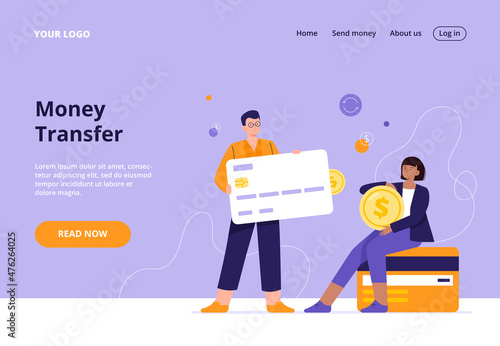 A man makes a money transfer to a card. Concept of secure mobile payment, money transfer service, donation. Digital transactions. Flat vector illustration for a banner, landing page.