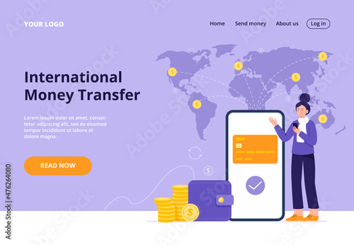 A girl makes an international money transfer. Concept of secure mobile payment, money transfer service. Digital transactions. Flat vector illustration for a banner, landing page.
