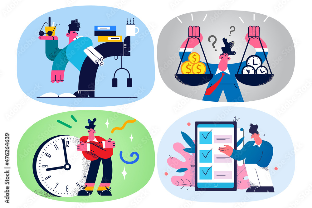 Fototapeta premium Set of businesspeople multitask manage to meet deadline